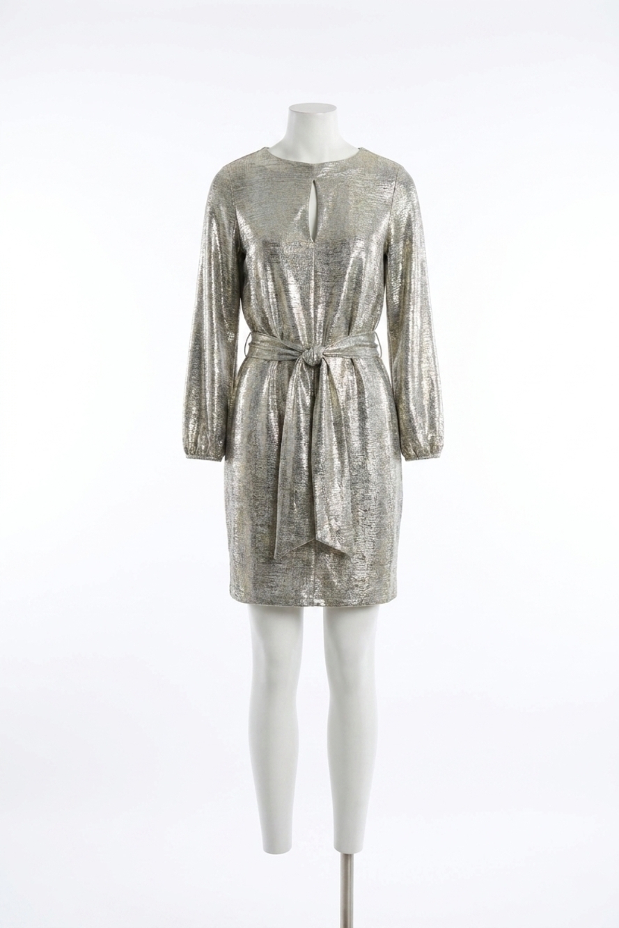 NEW JOSEPH RIBKOFF metallic belted wrap dress in grey/gold